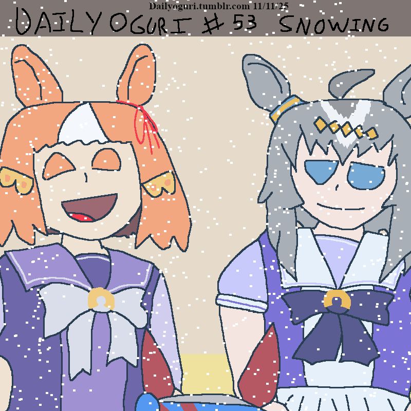 Daily Oguri #53 is... Snowing. Feat. Belno Light and Tamamo Cross. #once more another autobiographical post#there was a light dusting this morning but it counts as the first snow of the year#I love throwing tamamo in