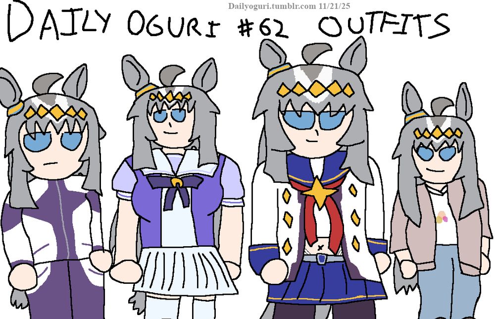 Daily Oguri #62 is.... Outfits. #I drew tracksuit oguri first and really loved how she looked#then i had to draw the rest to her size and it was... difficult#I also drew casual oguri the other way at first so I flipped her so she looks weirder than the rest