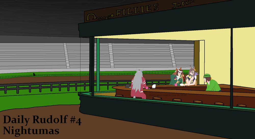 Daily Rudolf #4 is... Nightumas. Feat. Oguri Cap, Air Groove, and Tazuna Hayakawa. 
#TODAY I REALIZED that tazuna and aki from csm have the same last name#technically this isn't a daily drawing as i've been slowly working on it since the 6th of november#This is a parody of Nighthawks by Edward Hopper#don't pay too close attention to how close i traced it