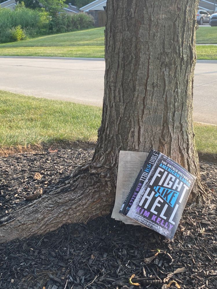 A damaged paperback copy of “Fight Like Hell: The Untold History of American Labor” by Kim Kelly resting against a tree