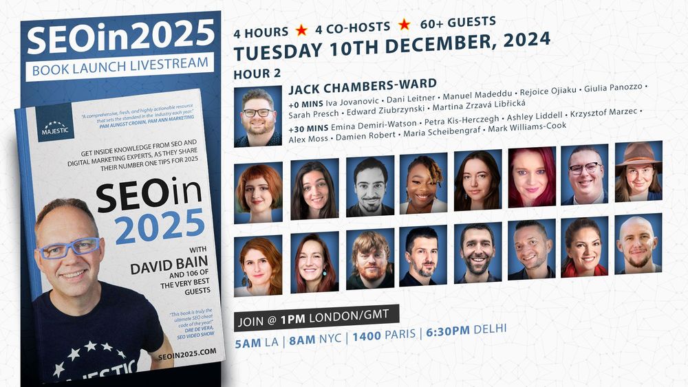 Promo image for the second hour of the livestream, with a photo of David Bain, and then photos of each guest with their name.