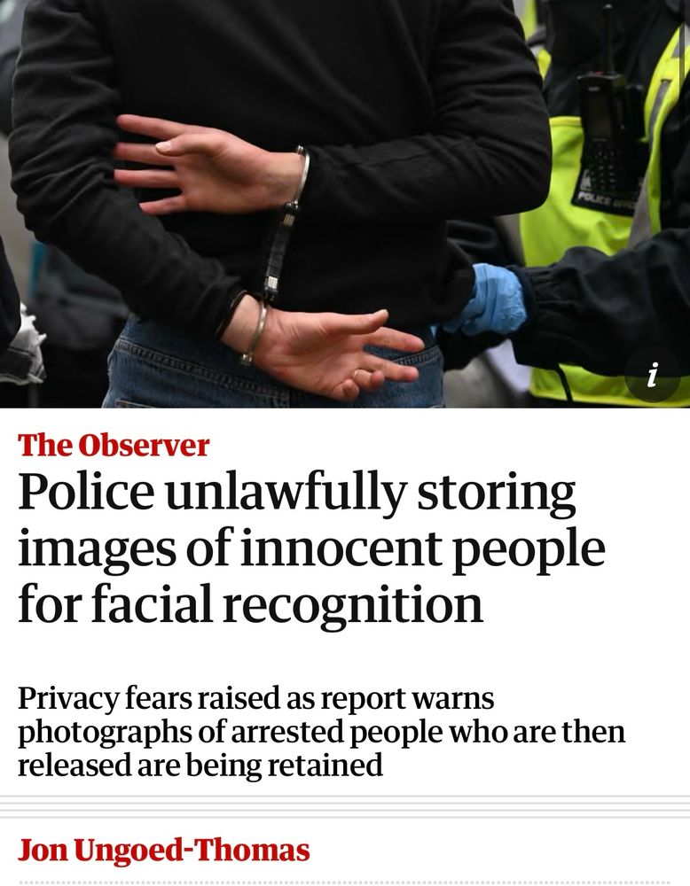Screenshot of an observer article with the headline “Police unlawfully storing images of innocent people for facial recognition”