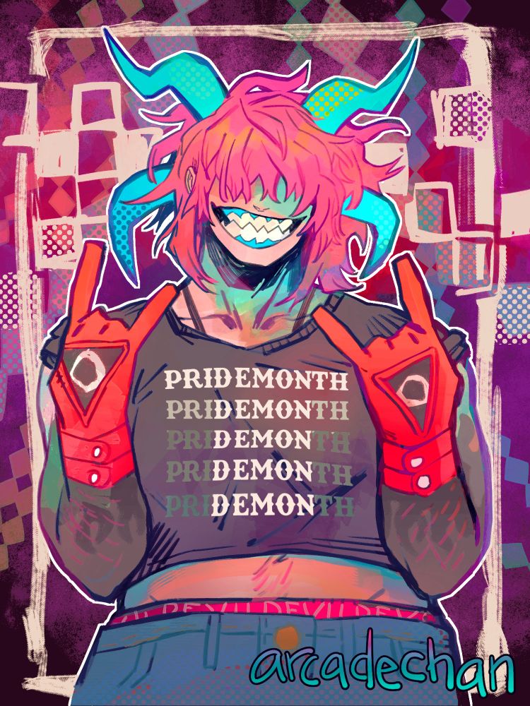 A drawing of a character from the hips up. They have four blue goat-like horns and pink, choppy hair that covers their eyes. They have a big, toothy smile and are standing fairly relaxed, with their hands raised making the devil's sign/rock on/goat horn sign with both hands (pinky and pointer fingers raised, all other fingers lowered). They are wearing a black t-shirt with white text on it that says "PRIDE MONTH" over and over again, with the color of the text darkening so the last line only clearly shows the letters for "DEMON". There is a signature in the bottom corner that reads: arcadechan.