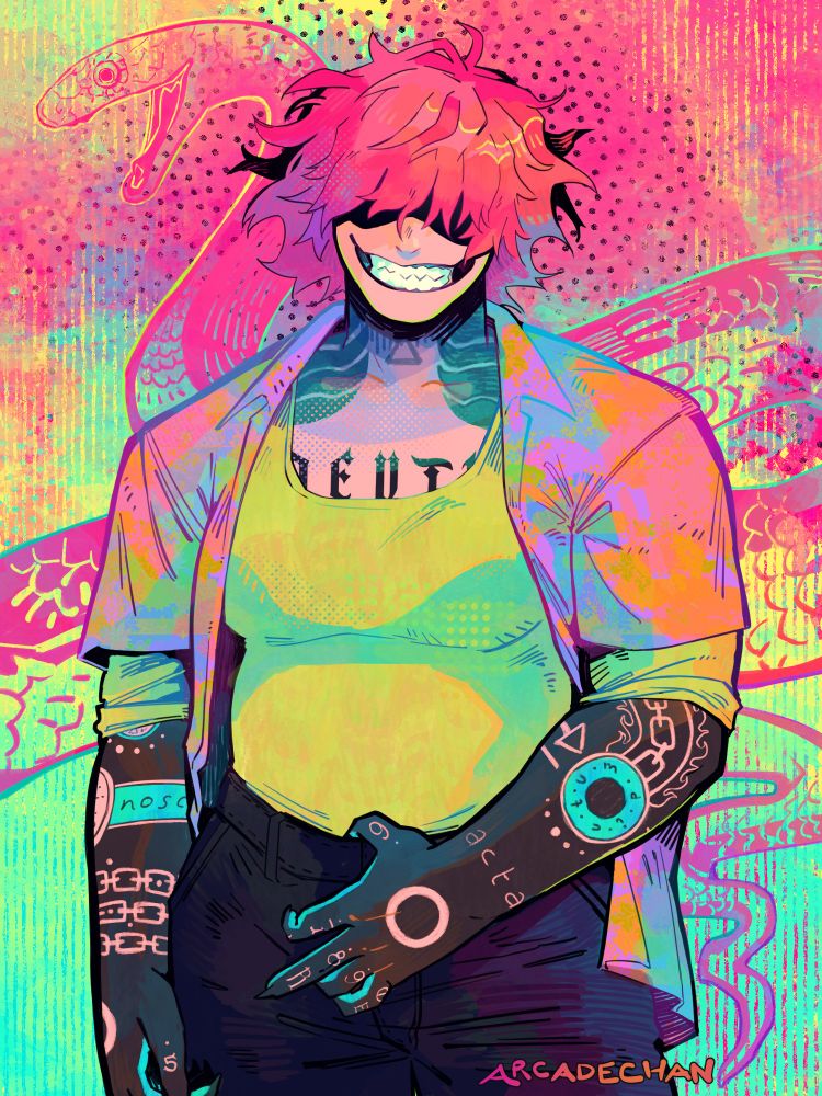 A colorful drawing of a character from the thighs up. They are standing in a relaxed pose, with their thumb looped over the waist of their pants and a big toothy smile. Their eyes are shadowed, covered by their bright pink hair, and not visible. He is wearing a colorful shirt with an indistinct pattern. There is a drawing of a mamba snake in the background. The character has lots of tattoos.