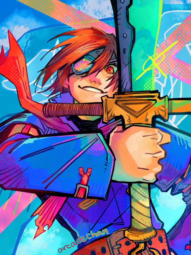 A drawing of Vyse from the waist up, from the videogame Skies of Arcadia. He's holding his sword in front of him, up at his chest. His expression is confident as he looks down at the camera. The Blue Rogue pirate flag flies behind him. His outfit is blue, the background is skyblue. In the upper right corner in the background is a bright pink X.