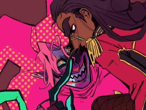 A cropped screenshot of a work in progress drawing. There are two characters, one is all in pink and dressed as a clown, the other is wearing a ringmaster outfit. The clown has a heavily shaded face and is booping the other character on the nose with an extremely long finger. She doesn't look too thrilled about it.