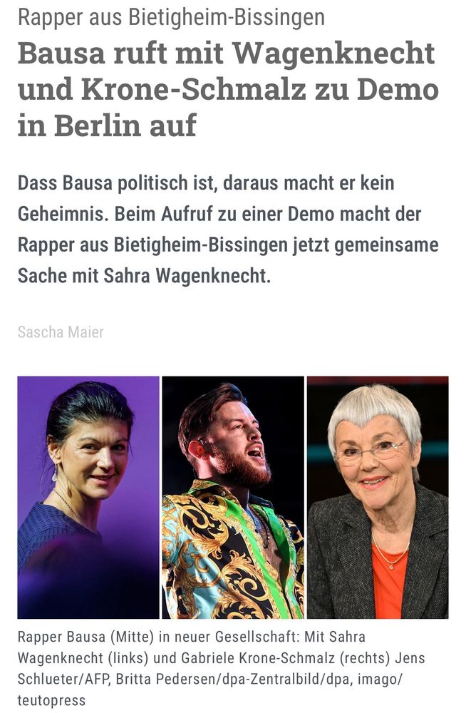 Rapper aus Bietigheim-Bissingen
Bausa ruft mit Wagenknecht und Krone-Schmalz zu Demo in Berlin auf, dazu Fotos

