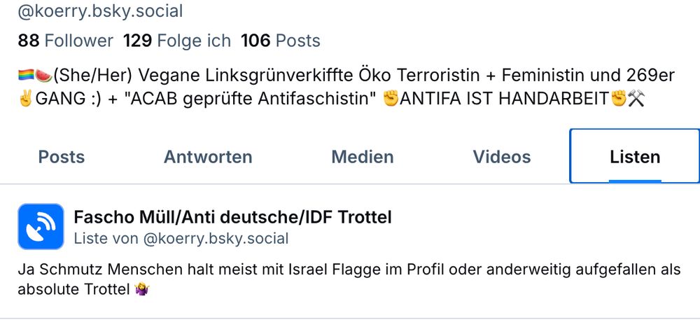 Screenshot einer Userin welche sich als Antifaschistin bezeichnet. Darunter ihre eigens erstelle Liste mit der Beschreibung "Ja Schmutz Menschen halt meist mit Israel Flagge im Profil oder anderweitig aufgefallen als absolute Trottel"