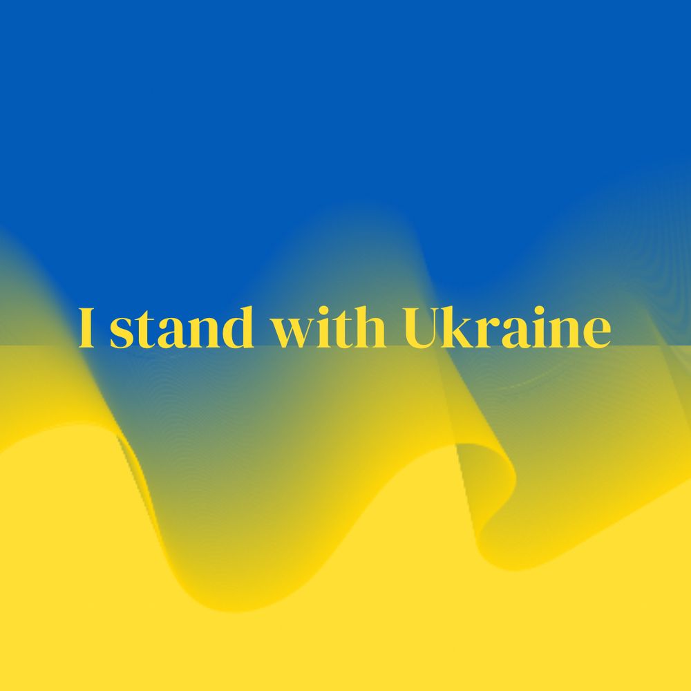 I stand with Ukraine printed in yellow font on Ukrainian colors