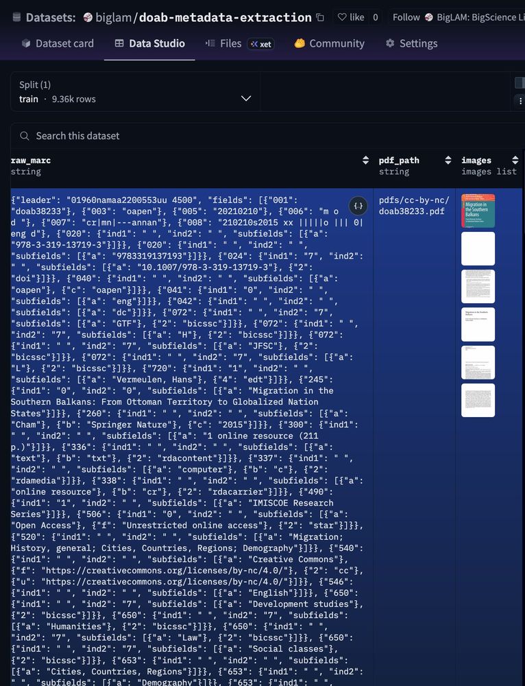 Screenshot of the dataset viewer showing a column of marc data + the first few pages of an open access monograph 