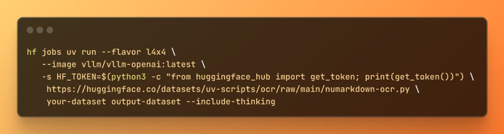 Screenshot of a hf jobs uv run command with some flags and a URL pointing to a script. 