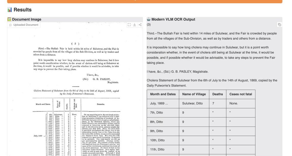 Screenshot showing a document page image on the left with corresponding OCR output on the right of the page. 