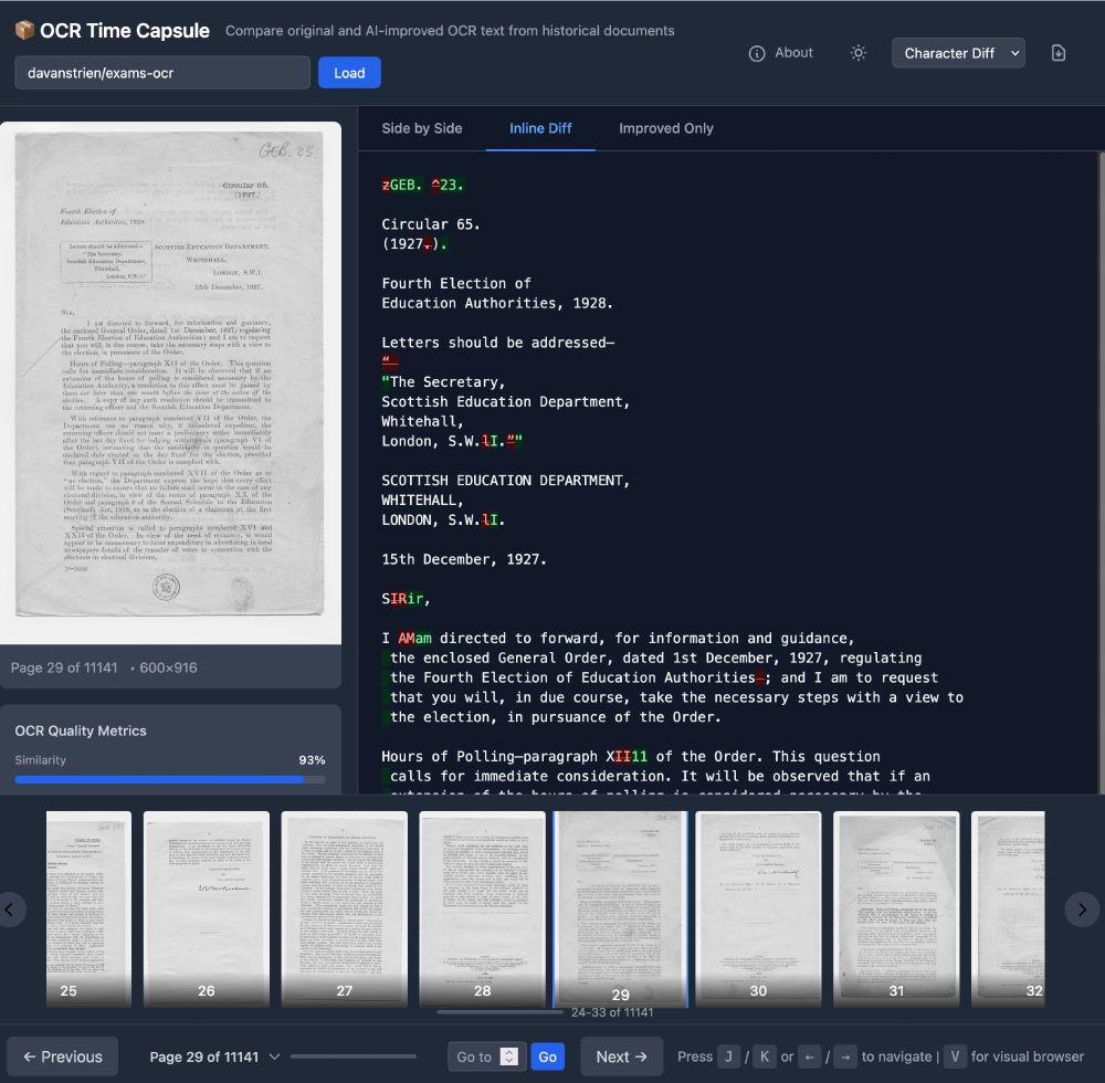 Screenshot of the app showing a page from a book + different views of existing and new ocr. 