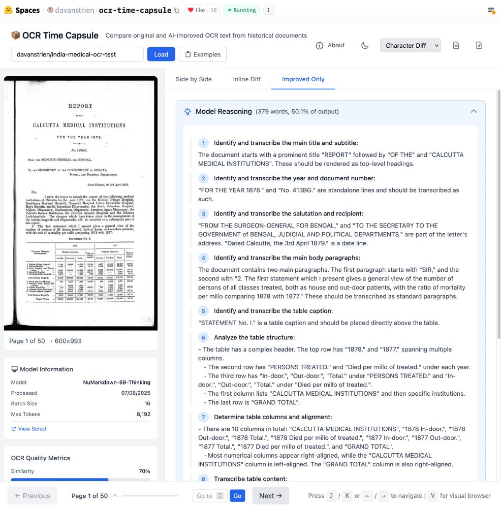 Screenshot of an app showing an image from a page + model reasoning showing how the model is parsing the text and layout.  