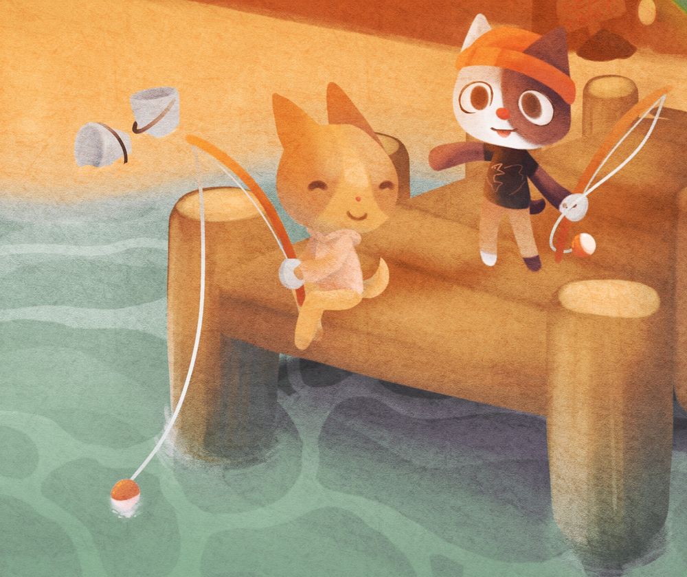 Two humanoid cartoon cats on a fishing doc. A brown and orange cat sits at the edge of the doc, fishing,while a white and purplish black cat greets them. Close behind them in the sand behind the doc, lies two fishing buckets slightly buried in the sand.