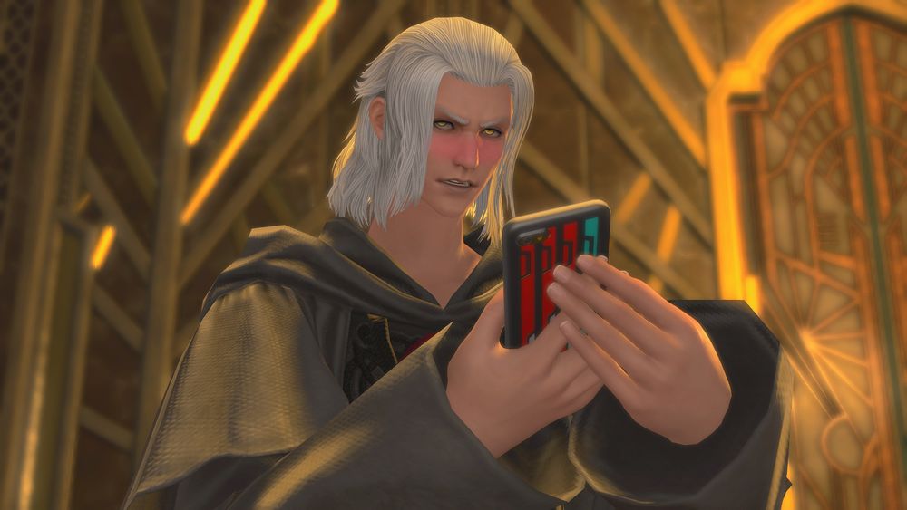 Hades blushing, pretending to be annoyed as the tsundere he is, averting his gaze and holding his phone with both hands.