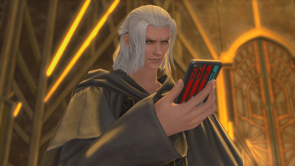 Hades in Amaurot looking at his cellphone, not very amused with said selfie.