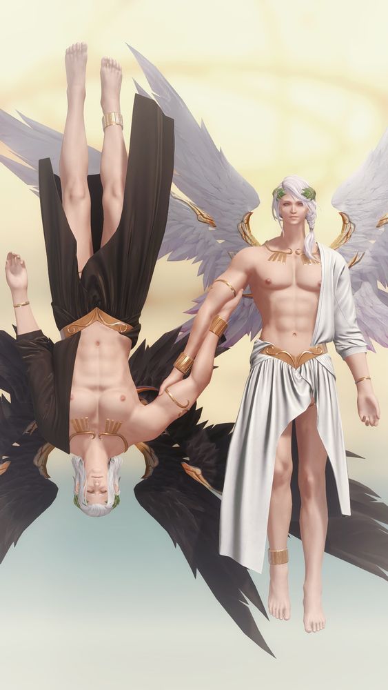FFXIV gpose: Hades and Hythlodaeus in greek gods attire. Hades' attire is all black and gold and Hythlodaeus' are white and gold. They both use a leaf crown and also have 4 wings, Hades' are black and Hyths' are white with pink shading. They're in a yin yang position, holding eachother's arms and facing the camera. The background is gold and blue witha bit of a white fog, givign the gpose an angelical vibe. I don't know, I was just going for "hot gods" here.