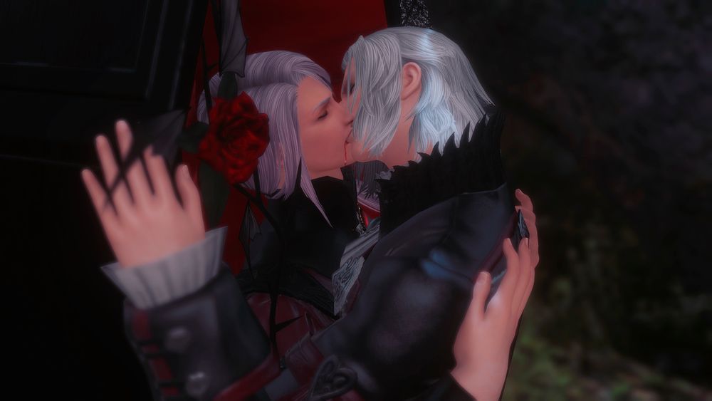 Both of them kissing, and a trail of blood dripping down Hythlodaeus' mouth. Both have their eyes closed.