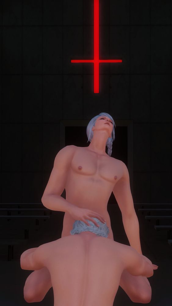 Other angle, now we can see Hythlodaeus throwing his head back in bliss as Hades sucks him off. We can see they're in a church, with empty benches in the back. Behing Hythlodaeus there's another upside down red cross above an open door.