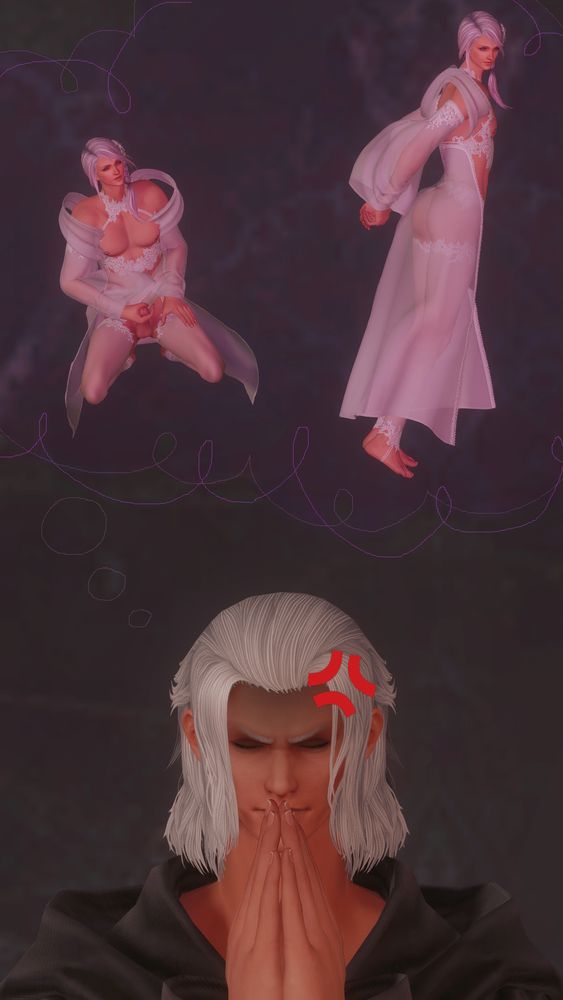 FFXIV gpose, Hades trying to pray away dirty thoughts about Hythlodaeus.