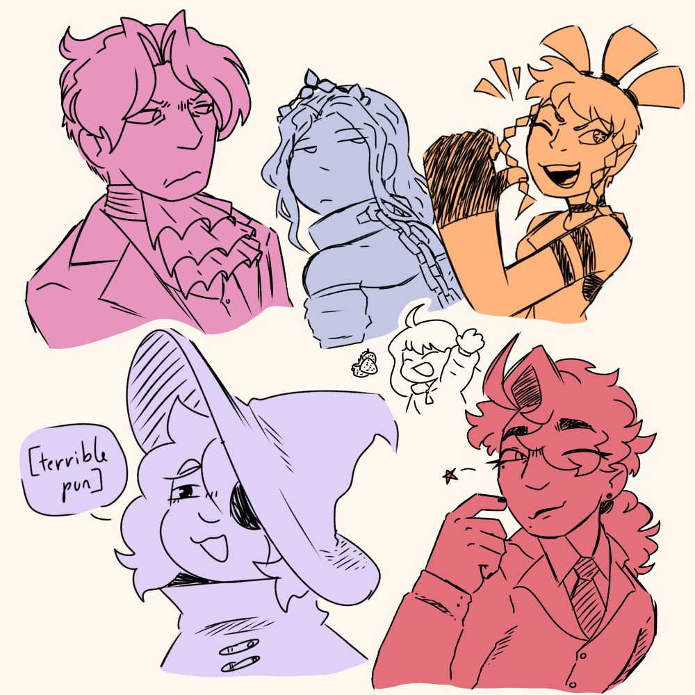 Several simple doodles of characters from different medias. From left to right, top to bottom, there is: Miles Edgeworth (Ace Attorney), the Prisoner Princess (Slay the Princess), Mayday (No Straight Roads), Siffrin (In Stars And Time), Madeline (Celeste), and Leviathan (an original character)