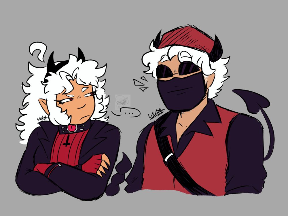 Colored sketches of Rose and Ali's Helltaker sonas. Ali looks happy while Rose is looking at him suspiciously