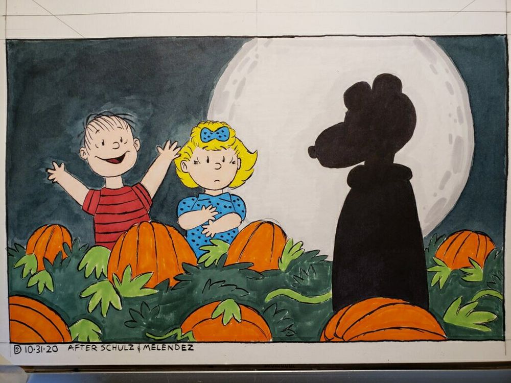Pen and marker illustration of the scene from the 1966 film "It's the Great Pumpkin, Charlie Brown" in which Linus Van Pelt, with Sally Brown to his left, joyfully announces the appearance of the Great Pumpkin at the local pumpkin patch as an somewhat omnious silhouette, bearing a resemblance to a certain beagle, rises up against the full moon in the background.