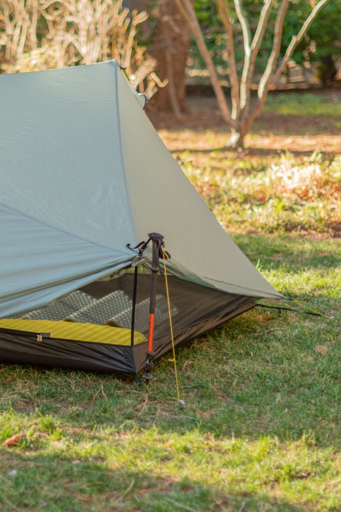 Single wall lightweight trekking pole tent. Showing side window/vents. 