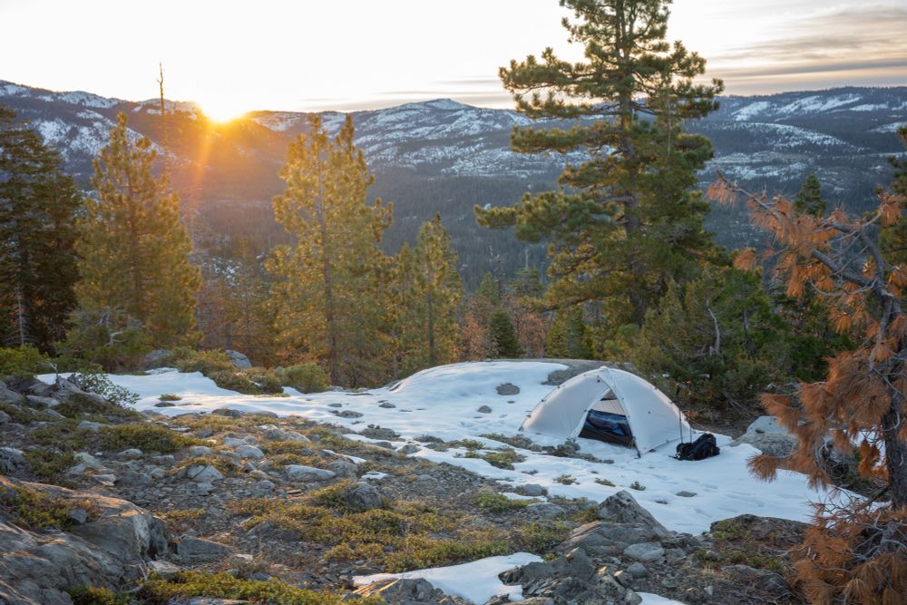 ArcDome 2 tent prototype with a polyester fly. Pictured in the snow-covered Sierra Nevada