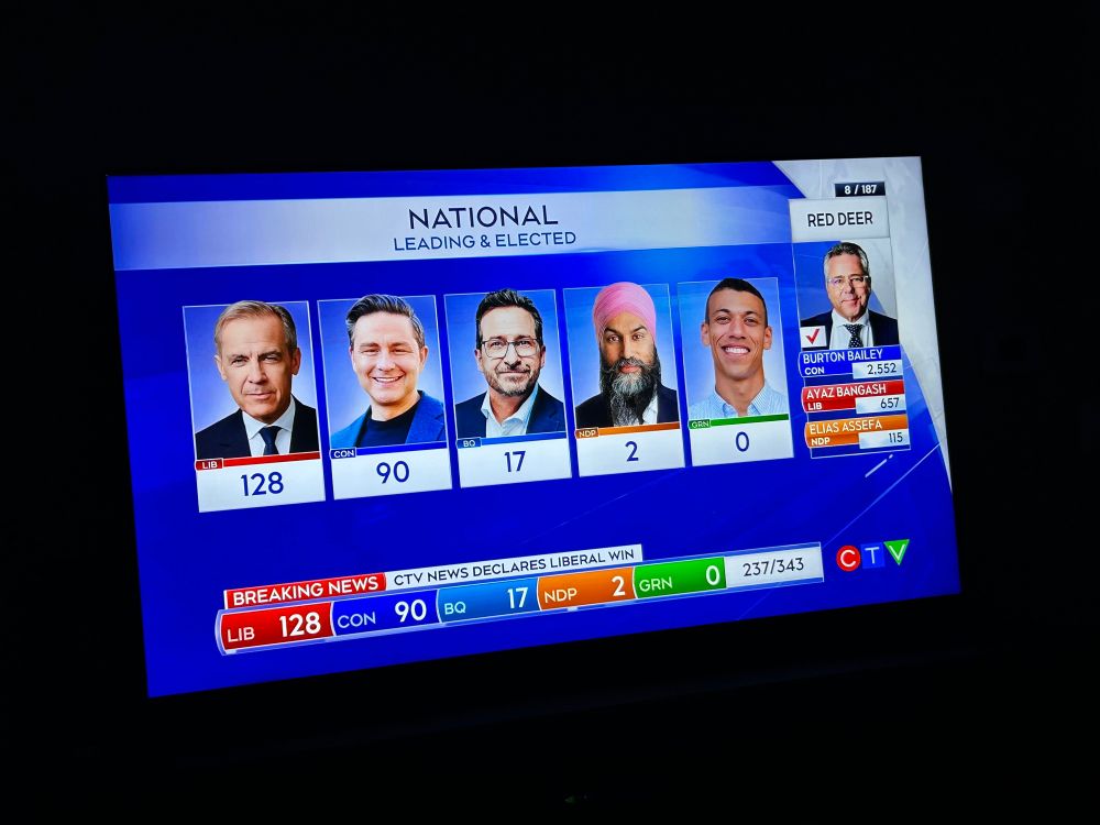 A screenshot of a television screen on April 28, 2025 at 10:10 PM EST showing CTV News Canada election coverage declaring a Liberal win.