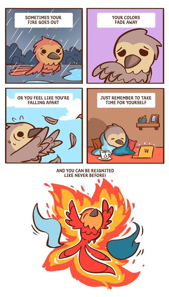 A 5 box comic strip depicting a bird in a cartoonish style. Box 1 shows a small, reddish bird in the rain with a textbox that reads: “Sometimes your fire goes out.” Box 2 depicts that same bird, with faded grey-brown feathers against a purple background and reads: “Your Colors Fade away.” Box 3 depicts that same faded bird watching leaves fly away and says “Or you feel like you’re falling apart.” Box 4 shows that bird inside, wrapped in a blanket, watching something on a laptop with a cup of tea next to them and reads: “Just remember to take time for yourself.” Box 5 depicts that bird flying, now with bright vibrant red feathers and a coat of flames around them, like a Phoenix, and reads: “And you can be reignited like never before!”