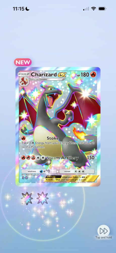 Shiny Charizard EX (a black dragon with red wing webbing) from Pokemon TCG Pocket Shining Revelry. 