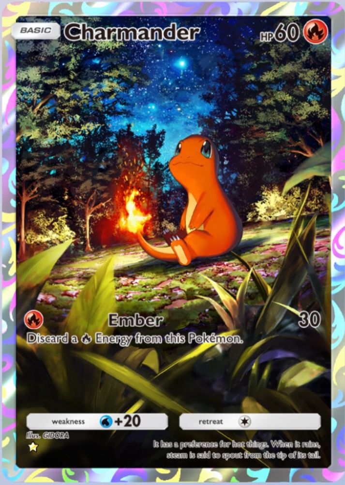 Charmander looking up at the sky on a Pokemon card from Pokemon TCG