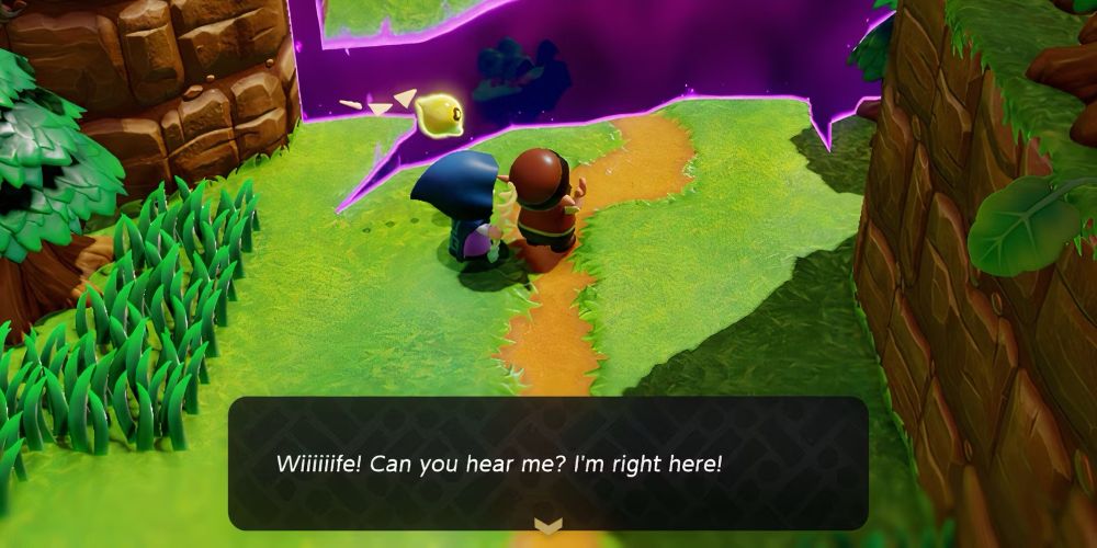 Image of two characters from The Legend of Zelda: Echoes of Wisdom. One of them is saying “Wife! Can you hear me? I’m right here!”