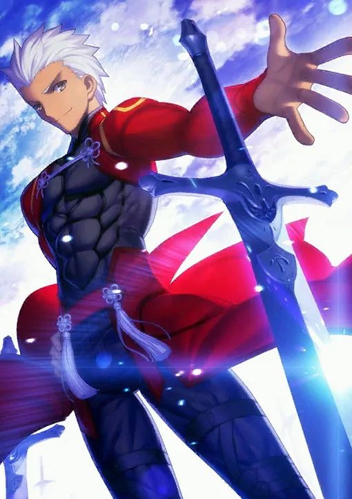Archer from Fate Stay Night, a man with white hair and a red jacket over a black shirt is standing in front of a blue skyline reaching out for a silver sword. 