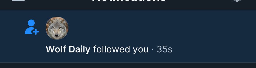 Screenshot of a Bluesky notification that says “Wolf Daily followed you - 35s”