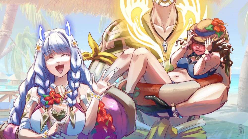 Un croquis élaboré d'une scène d'été. Trois personnages sont présents, venant tous du jeu mobile Fire Emblem Heroes: Heiðrún, Eikþyrnir et l'invocatrice. La première salue la caméra d'un sourire, tandis que le second porte l'invocatrice, coincée dans la bouée qu'Eikþyrnir a apporté. L'invocatrice est rouge tomate, ultra timide et embarassée d'être portée, et tente de se cacher derrière son (trop) petti chapeau. On ne peut pas lire l'expression d'Eikþyrnir, car sa tête dépasse du cadre (une blague récurrente, la dernière fois que je l'ai dessiné il n'avait également pas la tête dans le cadre :p)