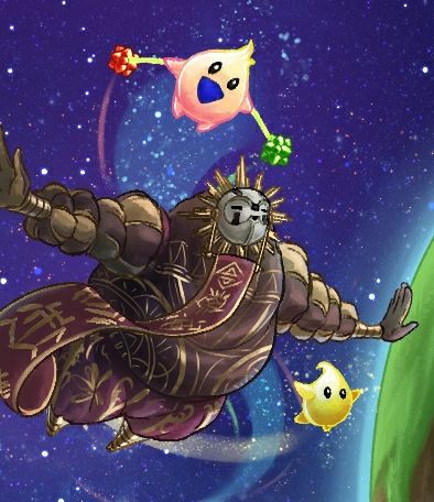 Un dessin d'Esquie du jeu Clair obscur expédition 33 volant dans l'espace, accompagné de deux Lumas de super Mario galaxie