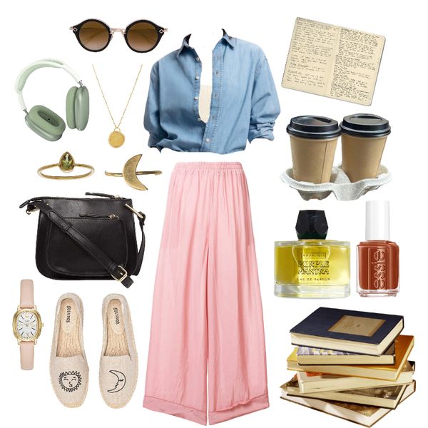 a collage of clothing and accessories. i call this one "meet me at the library." palazzo pants and a chambray shirt tucked into them, slip-on canvas shoes with a sun embroidered on one and a moon embroidered on the other, and a simple crossbody bag. sunglasses, headphones, a watch, a simple pendant necklace, and a couple rings, one of which has a crescent moon on it. books and a couple take out coffees are included. perfume is room 1015's "purple mantra"
