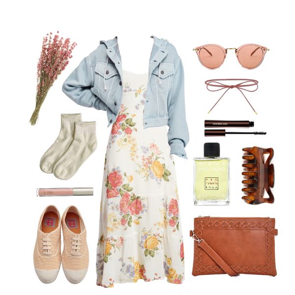 a collage of clothing and accessories. i call this one "spring afternoon in the riverside park." a floral dress layered under a cropped light colored jacket, ankle socks and slip-on canvas sneakers. a crossbody bag, string necklace, hair clip, pink sunglasses. mascara, soft pink lip closs. perfume is profumum roma's acqua e zucchero