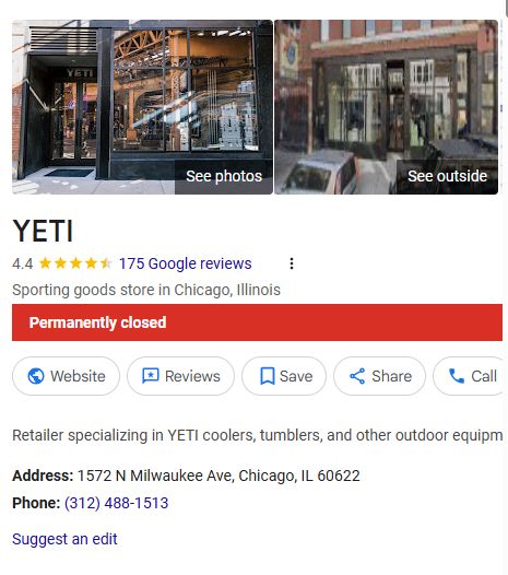 Screenshot of a Google search for the Milwaukee Ave YETI store showing that it is permanently closed