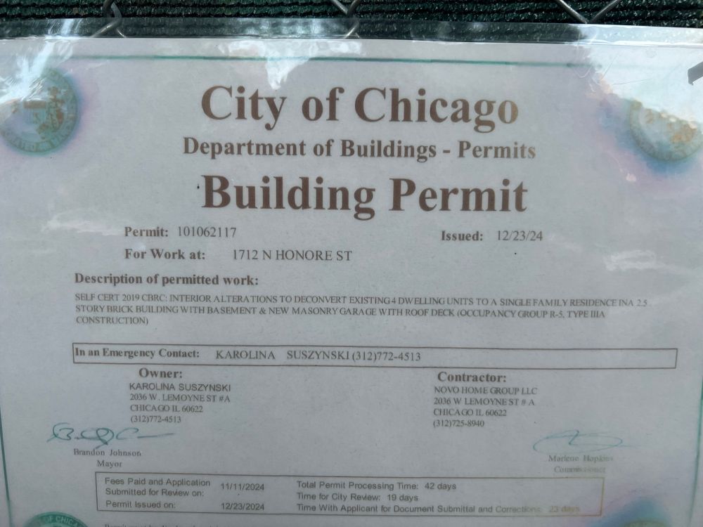 Chicago building permit for the reconversion of a 4 unit, 2.5 story apartment into a single family home 