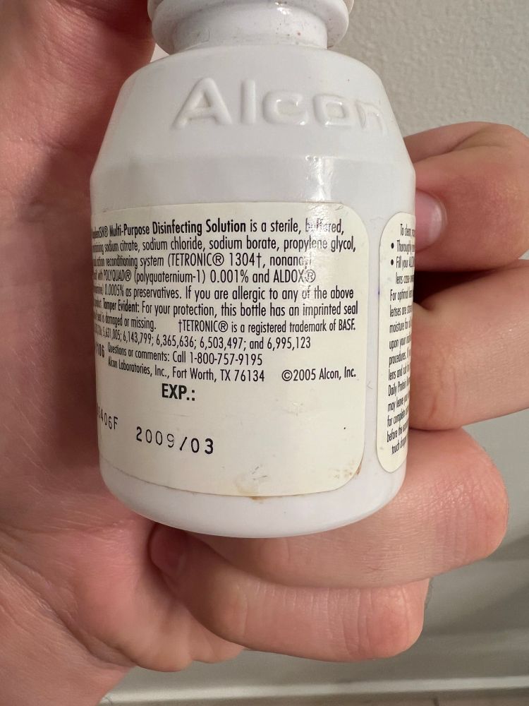 Contact solution bottle that has copyright 2005 typed on it