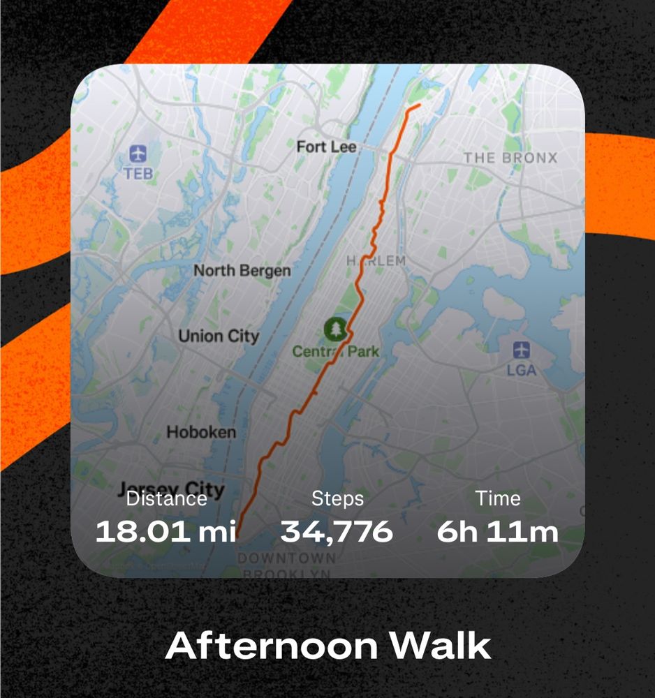 Strava showing our walk of manhattan north to south