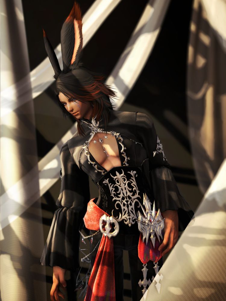 A dark-haired male Viera dressed in ballroom-style garb, posed within a backdrop of white curtains in a dark room, sunlight casting shadows over the scene.