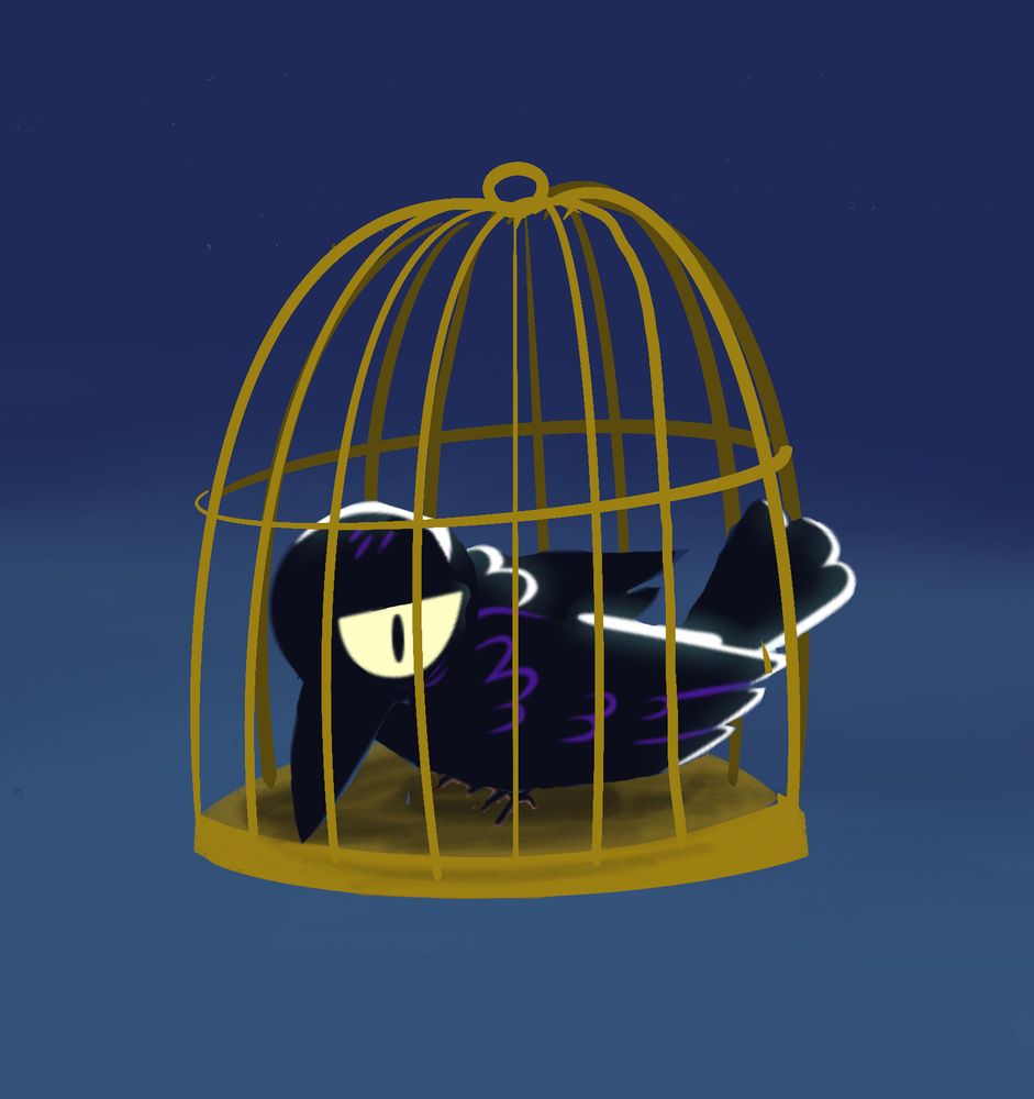 a dejected looking cartoon crow in a gold birdcage