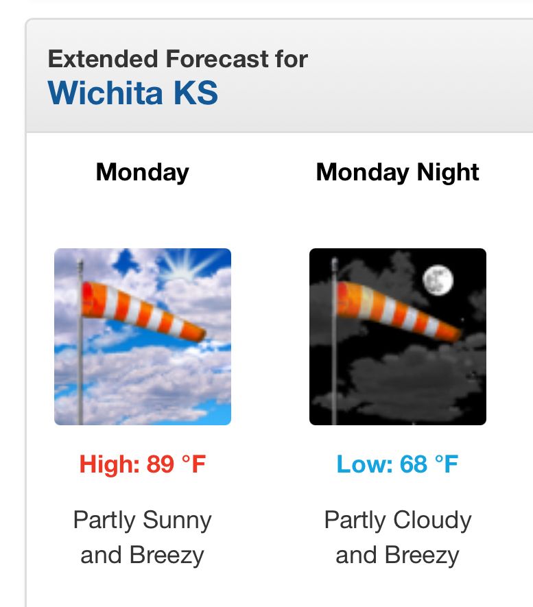 Forecast for Wichita, KS on Monday & Monday night.

High: 89 - Low: 68. Partly cloudy and breezy.