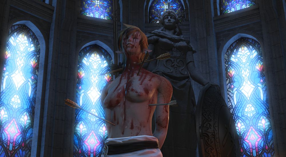 Image of Mercette Darc in the hall of Saint Reymanaud's Cathedral in Ishgard. She is wearing nothing but a loincloth, her hands are bound behind her back and she is soaked in blood. She is pinned with arrows - one straight through her neck. Her head is raised high, her eyes are closed and she smiles beatifically in divine ecstasy. The statue of Halone towers over her, its expression blank and neutral in comparison.