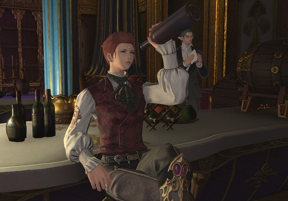 picture of a woman at a fancy bar, verifying the emptiness of a wine bottle by staring into it. She's wearing a fancy red waistcoat and has a garlean third eye.